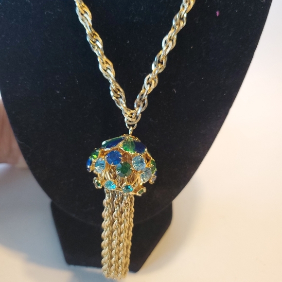 Jewelry - Vintage Blue And Green Crystals And Enamel 36" long Tassel Goldtone Necklace
